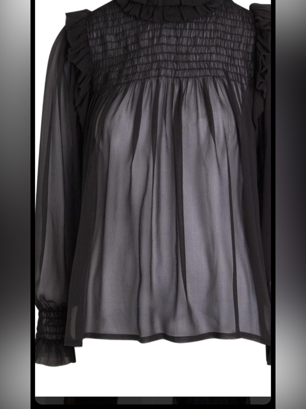 BCBG Sheer Black Ruffle-Trim High Neck Blouse - Picture 2 of 7